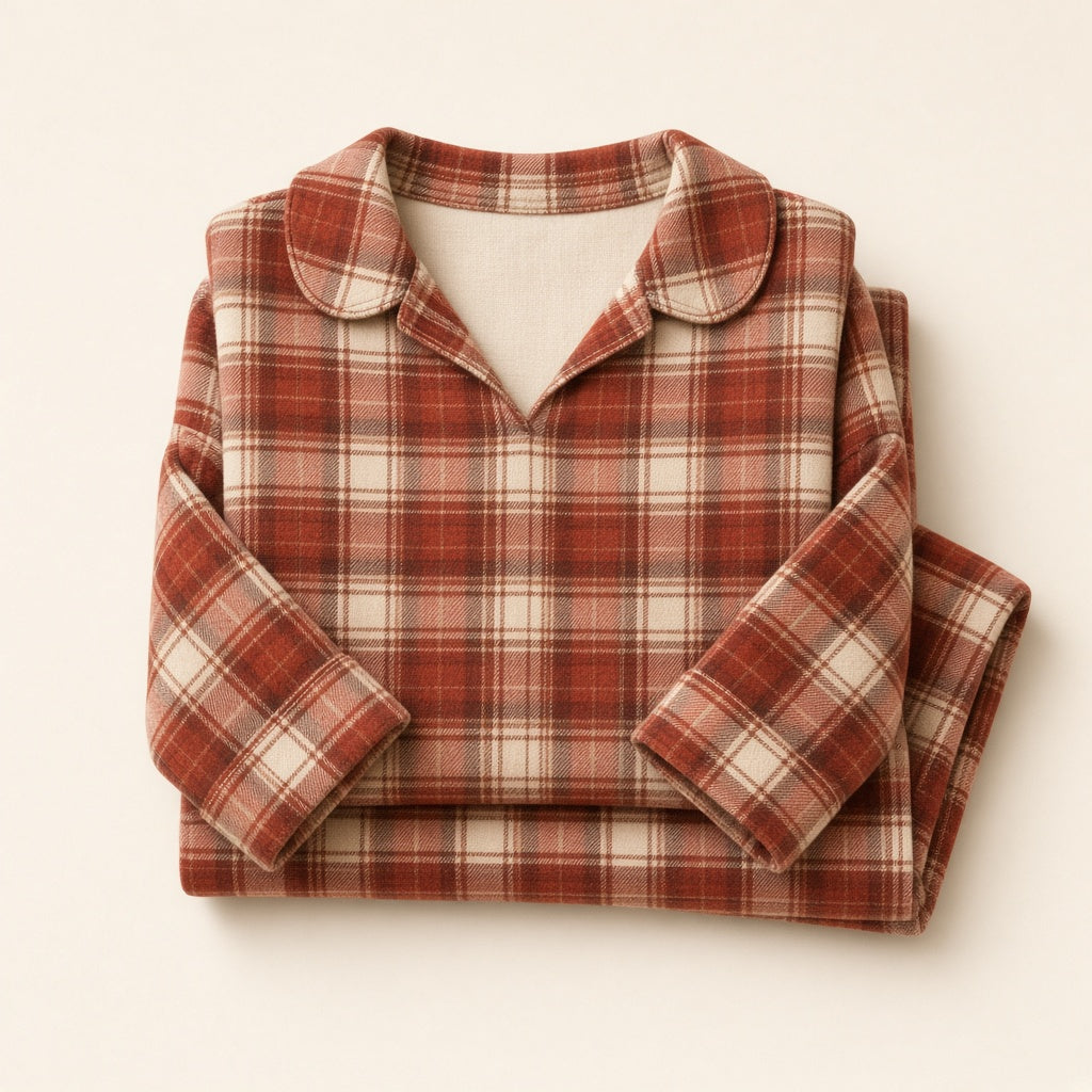 Vloena Hearth plaid pajamas, walnut tartan, Google Shopping cutout on paper