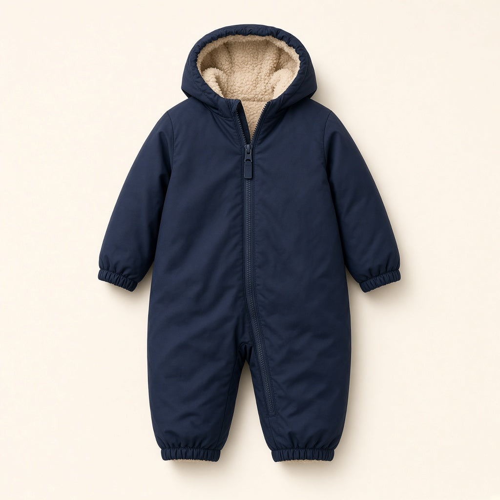 Vloena Moss play suit, navy fleece-lined puddle suit, Google Shopping cutout on paper