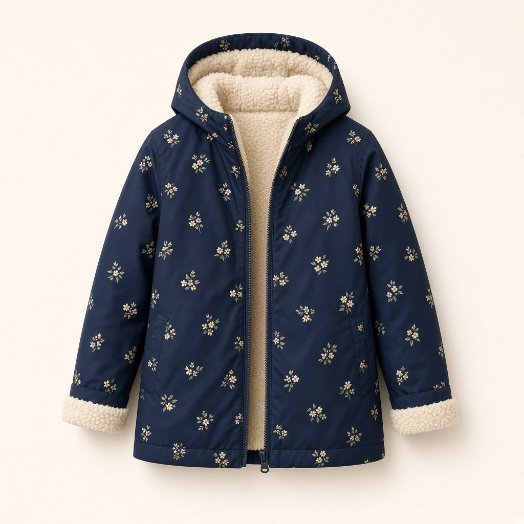 Vloena Yarrow sherpa rain jacket, muted floral, Google Shopping cutout on paper