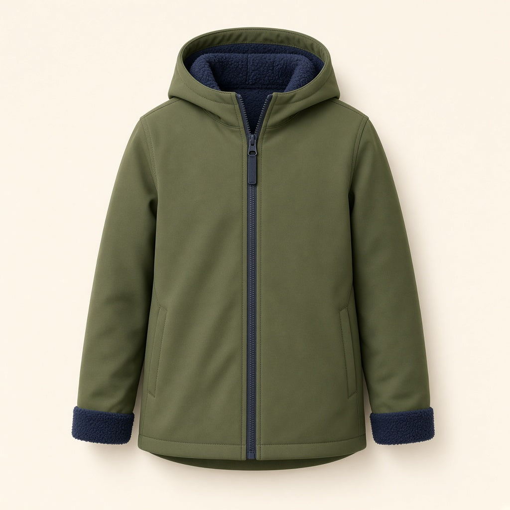 Vloena Fern softshell winter coat, moss, Google Shopping cutout on paper