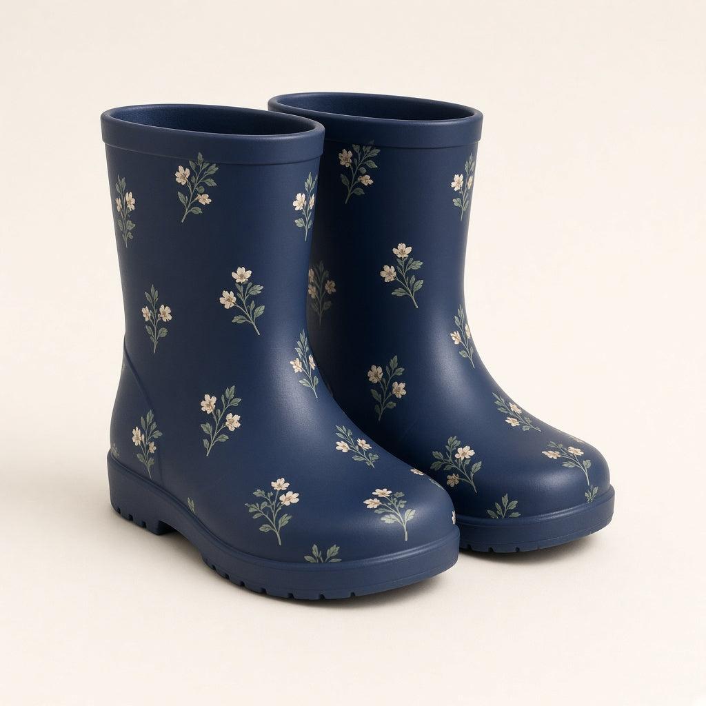Vloena Sloe rain boots, matte navy floral, Google Shopping cutout on paper